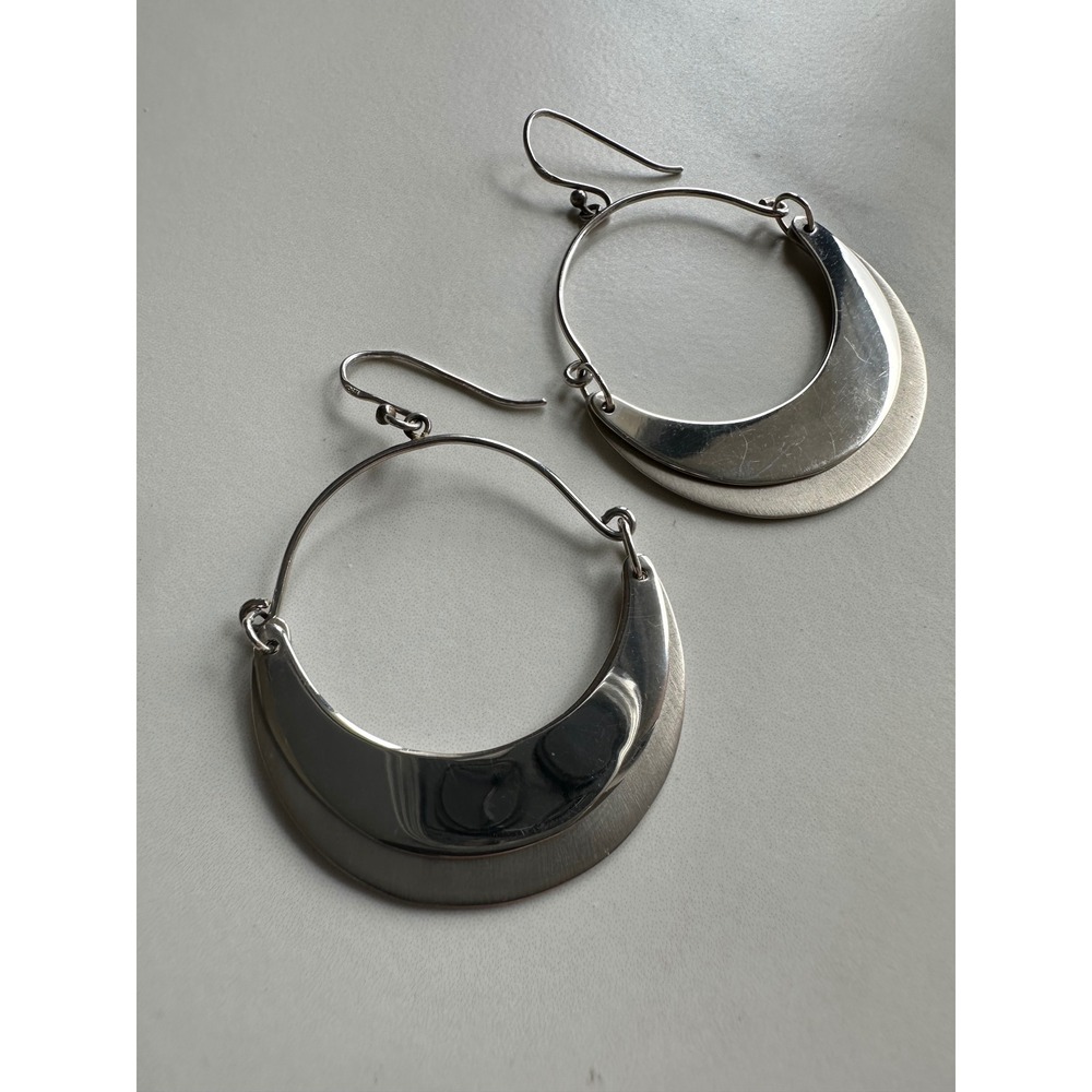 925 Sterling Silver Double Crescent Moon Hoop Earrings Brushed Polished Dangle